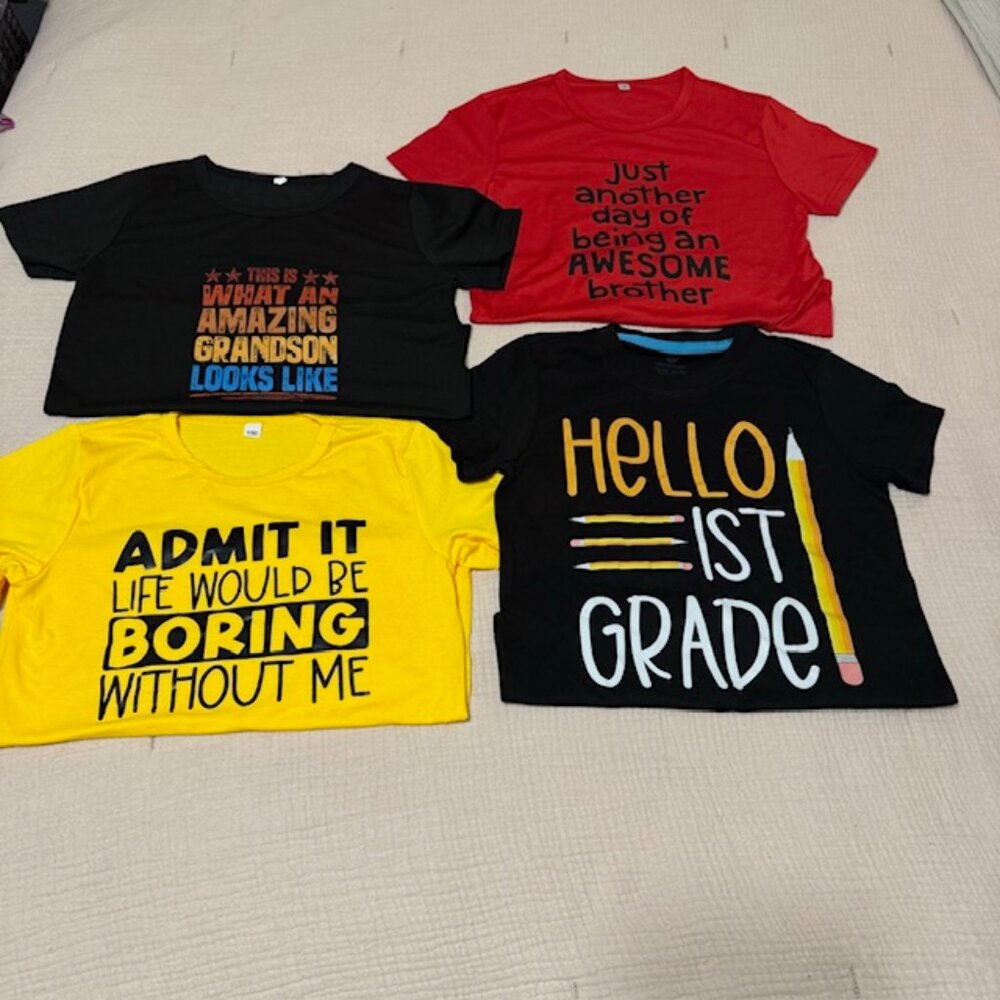 NWOT Four Amazon Kids Black, Yellow, and Red T-Shirts, Size 7-8 Years